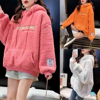 Осень-зима для женщин, новый утолщенный свободный свитер с капюшоном, вышитая овечья шерсть, толстовка для женщин, топ средней длины S белый