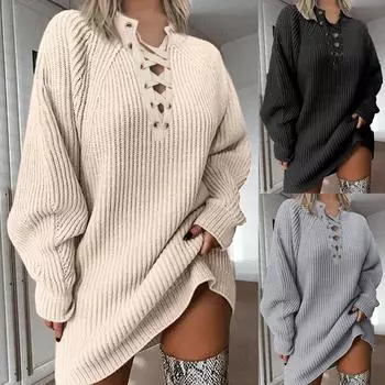 Осень-зима для женщин сплошной цвет с v-образным вырезом на шнуровке вязаный свободный свитер платье элегантный толстый теплый свитер сексуальный пакет хип-свитер пуловер и верхняя одежда L чёрный