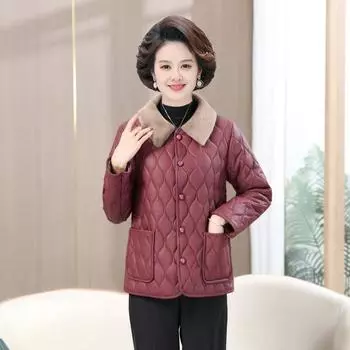 Осень-зима для женщин среднего возраста плюс бархатное теплое пальто средней длины свободного покроя из кожи кожаная куртка для мам повседневная куртка XL вино красного