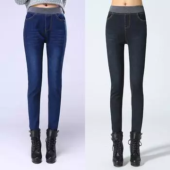 Осень-зима Джинсы Женские брюки Утепленные джинсы Утолщенные леггинсы с эластичной резинкой на талии Брюки-карандаш 33 синий