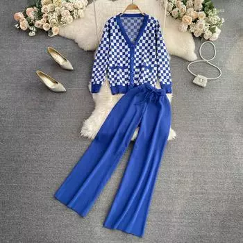 Осень-зима, европейский стиль, взлетно-посадочная полоса, вязаный свитер в клетку, спортивный костюм, однобортное пальто с v-образным вырезом, комплект из двух предметов: верх и брюки до щиколотки One Size дубильная кора