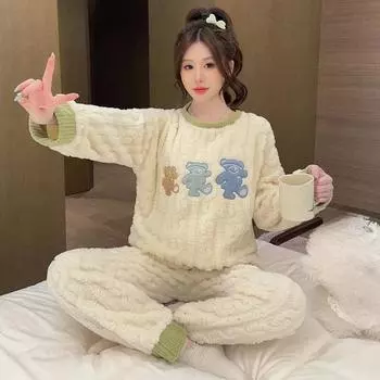 осень-зима фланелевая пижама с флисовой подкладкой женская с длинным рукавом теплая утепленная пижама домашняя одежда коралловый бархат пижамные комплекты M