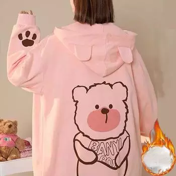 Осень-зима Флисовая теплая толстовка с капюшоном Модные толстовки с капюшоном Длинный рукав Топ с рисунком из мультфильмов Карманы большие Молния розовые толстовки с капюшоном M