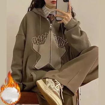 Осень-зима Флисовая теплая толстовка с капюшоном Модные толстовки с вышивкой в виде звезд с длинным рукавом y2k Верхние карманы большие толстовки с капюшоном на молнии M