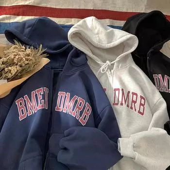 Осень-зима Флисовая теплая толстовка с капюшоном Модный принт с буквами Толстовки с капюшоном Длинные рукава y2k Топы с карманами Большие толстовки с капюшоном на молнии Унисекс M белый