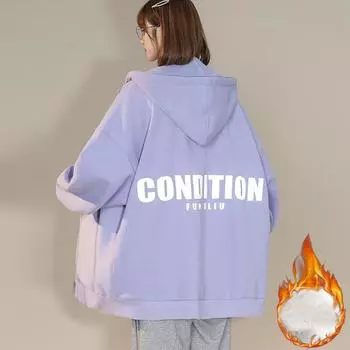 Осень-зима Флисовая теплая толстовка с капюшоном Модные толстовки с капюшоном Длинный рукав Топ с буквенным принтом Карманы большие Молния фиолетовые толстовки с капюшоном M