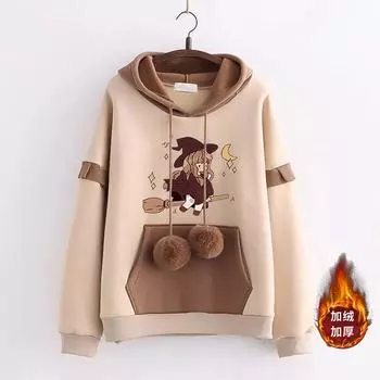 осень зима флисовая толстовка с капюшоном харадзюку мультяшный принт худи женские преппи стиль с длинным рукавом оверсайз худи молодежная девушка S
