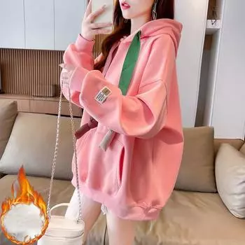 Осень-зима флисовая толстовка с капюшоном Harajuku solid y2k толстовки женская одежда утолщенная теплая с длинным рукавом oversize розовая толстовка уличная одежда M розовый