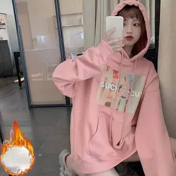 Осень-зима флисовая толстовка с капюшоном harajuku с принтом букв y2k толстовки женская одежда утолщенная с длинным рукавом розовая толстовка большого размера M