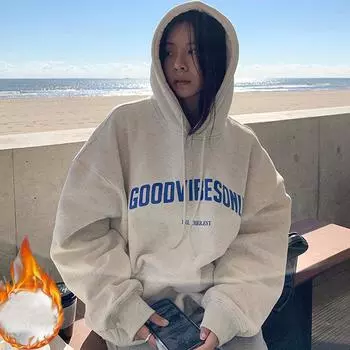 Осень-зима флисовая толстовка с капюшоном harajuku с принтом букв y2k толстовки женская одежда утолщенная теплая толстовка с длинным рукавом свободного покроя уличная одежда M