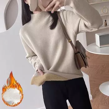 Осень, зима, флисовые свитера женские свитера с длинным рукавом, толстые, теплые, бархатные, полуводолазка, однотонный свободный пуловер, повседневный топ, One Size чёрный