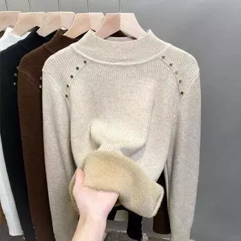 Осень, зима, флисовые свитера женские свитера с длинным рукавом, толстые теплые пуговицы бархата, полуводолазка, укороченный свитер, повседневный топ, One Size чёрный