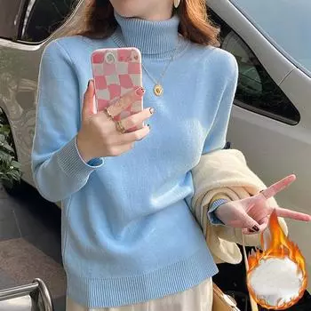 Осень, зима, флисовые свитера женские свитера с длинным рукавом, толстые, теплые, бархатные, водолазка, однотонные свободные пуловеры, повседневные топы, one size чёрный