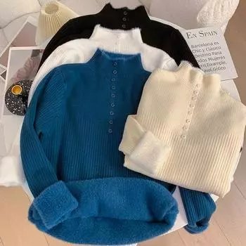 Осень, зима, флисовые свитера, женский свитер с длинным рукавом, толстый, теплый, бархатный, полуводолазка, однотонный низ на пуговицах, повседневный топ one size белый