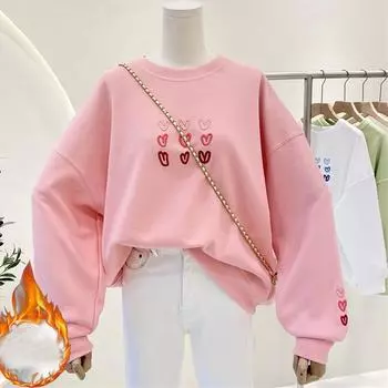 осень зима флисовые толстовки harajuku Love вышитые толстовки женская одежда с длинным рукавом утолщенные теплые свободные розовые толстовки уличная одежда M