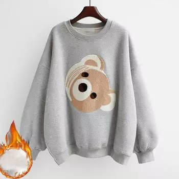 осень зима флисовые толстовки harajuku милые мультяшные принты толстовки женская одежда Длинный рукав утолщенный теплый свободный серый толстовка уличная одежда M