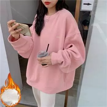 осень-зима флисовые толстовки harajuku с принтом букв толстовки женская одежда длинный рукав утолщенный теплый свободный розовый худи M