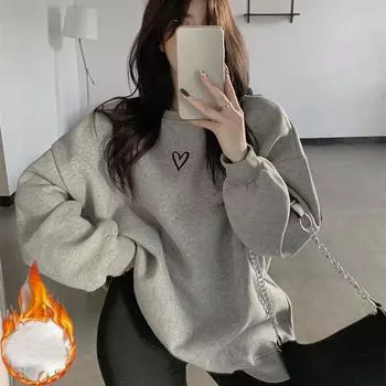 осень-зима флисовые толстовки harajuku вышитые буквы толстовки женская одежда длинный рукав утолщенный теплый большой худи M