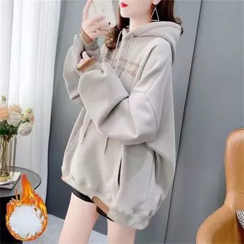 осень-зима флисовые толстовки с буквенным принтом свободные толстовки с капюшоном женские пуловеры Harajuku повседневные свободные толстовки с капюшоном с длинным рукавом y2k уличная одежда M