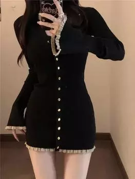 Осень-зима французская мода старые деньги длинный рукав трикотажное платье женское 2000-е годы V-образный вырез платье мини цельный винтажный кокетка элегантный S чёрный
