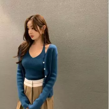 Осень-зима французский ретро-трикотажный жилет с V-образным вырезом темпераментный свитер кардиган комплект из двух частей простой индивидуальный дизайн All yards синий