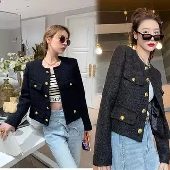 Осень-зима, французский винтажный маленький ароматный твидовый пиджак, пальто, женские элегантные повседневные шерстяные короткие пальто, уличная верхняя одежда, укороченный топ XXXL чёрный