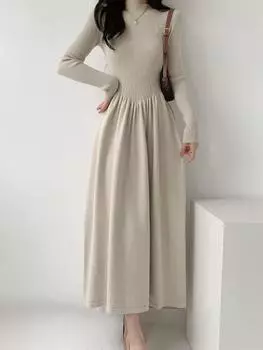 Осень-зима Французское элегантное тонкое платье Женское однотонное лоскутное винтажное длинное трикотажное платье Корейская мода Дизайнерская повседневная одежда S вино красного