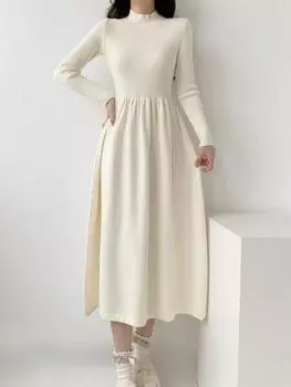 Осень-зима, французское нежное трикотажное платье, женское, винтажное, свитер, длинные платья, шикарное, однотонное, для вечеринок, повседневная, в стиле пэчворк, новая одежда S молочный белый
