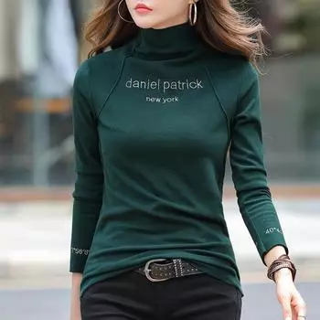 Осень-зима футболка с длинным рукавом Za женская тонкая повседневная базовая футболка женские теплые рубашки с вышивкой и буквами женские M зелёный