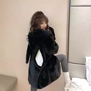 Осень-зима, Готический Харадзюку, толстовки для пар, милые кроличьи уши, черная верхняя одежда с капюшоном, женские милые корейские свободные теплые плюшевые пальто M чёрный