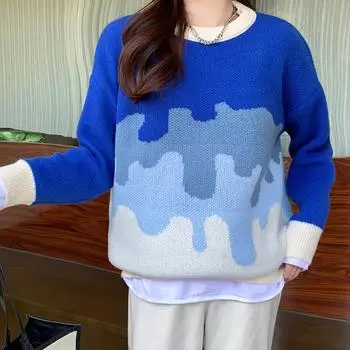 Осень-зима Градиентный цвет свитер женский О-образный вырез повседневный свободный длинный рукав пуловер женские топы y2k трикотаж трендовые свитера One Size