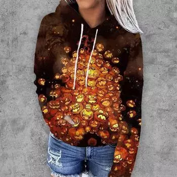Осень-зима Хэллоуин с капюшоном и принтом, смешная женская рождественская 3D-пуховик с длинным рукавом, спортивная одежда S