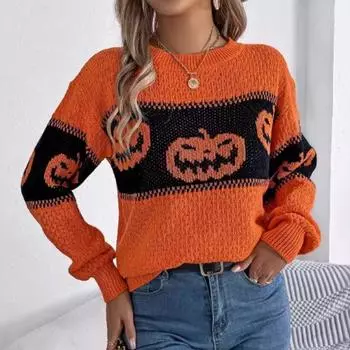 Осень-зима Хэллоуин тыква принт пуловеры свитера женские с длинным рукавом повседневный женский свитер элегантный круглый вырез свободный теплый женский вязаный джемпер 25366 S оранжевый