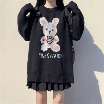 Осень-зима Harajuku кролик вязаный свитер с рукавами повседневный женский свитер больших размеров с принтом приливов свободный топ y2k пуловер в стиле гот-панк S