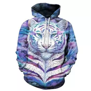 Осень-зима Harajuku Мужская толстовка с капюшоном и принтом в стиле панк с 3D-мультяшным белым тигром, с длинными рукавами и хип-хоп S