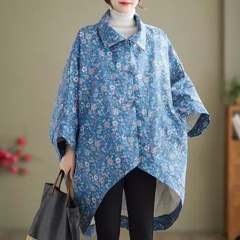 Осень-зима Хлопковая подкладка свободного покроя Винтажная цветочная верхняя одежда женская повседневная свободная куртка Пальто синий
