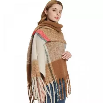 Осень-зима имитация мохера с цветными блоками в клетку толстый шарф с бахромой шаль 02#