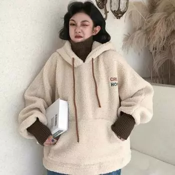 Осень-зима, искусственная шерсть ягненка, свитер из двух частей, женский, утолщенный, вышитые буквы, флисовые толстовки с капюшоном, длинный рукав, толстовка на шнурке, бархатные женские топы S синий