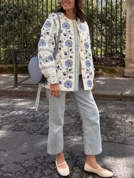 Осень-зима Элегантный цветочный принт Женский хлопок с поясом Модные однобортные пальто с длинными рукавами и круглым вырезом Утолщенные новые модные куртки для офисных леди S синий