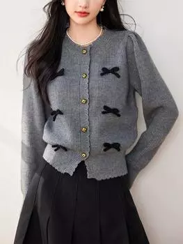 Осень-зима Элегантный кардиган с длинными рукавами для женщин, французский серый свободный вязаный свитер, новое эстетическое модное пальто, топы, уличная одежда S серый