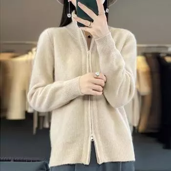 Осень/зима кардиган из 100% чистой шерсти, женский воротник-стойка на молнии, свободный теплый кашемировый вязаный низ с длинными рукавами, пальто-свитер XXL