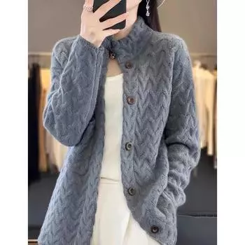 Осень-зима кардиган с длинным рукавом куртка женская свободная повседневная вязаная кофта свитер пальто дамы L чёрный