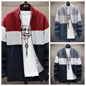Осень Зима Кардиган Свитер Мужской Флисовый Молния Свитера Бархатный Контрастный Полосатый Свитер Пальто Повседневные Куртки M