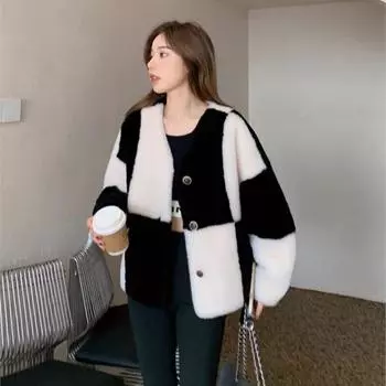 Осень-зима клетчатая шерстяная флисовая шуба из овечьего меха женская овечья стриженная шуба из искусственного меха S чёрный