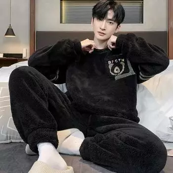 осень зима коралловый флис черный мультфильм пижамы комплект для мальчика утолщенная фланель теплые пижамы комплекты мягкая пижама мужская пижама мужская домашняя одежда L чёрный