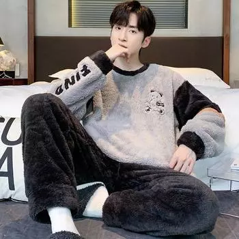 осень зима коралловый флис цвет блок вышивка пижамы комплект для мальчика утепленная фланель теплые пижамы комплекты мягкая пижама мужская пижама мужская домашняя одежда L серый