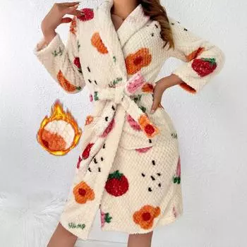 осень зима коралловый флис длинный банный халат женский с V-образным вырезом принт теплый банный халат уютное кимоно халаты для душа повседневный свободный ночная рубашка для отдыха M