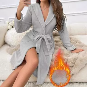 осень зима коралловый флис длинный банный халат женский с V-образным вырезом однотонный теплый банный халат уютное кимоно халаты для душа повседневный свободный ночная рубашка для отдыха S