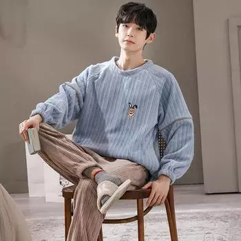 осень зима коралловый флис мультфильм медведь вышивка пижама комплект мальчик утолщенная фланель теплая пижама мягкая пижама мужская пижама домашняя одежда мужская одежда для отдыха L