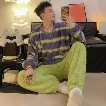 осень зима коралловый флис полосатый цвет блокирующий пижамный комплект утепленная фланель теплые пижамы комплекты молодые мужчины мультфильм пижама домашняя одежда мужская одежда для отдыха L